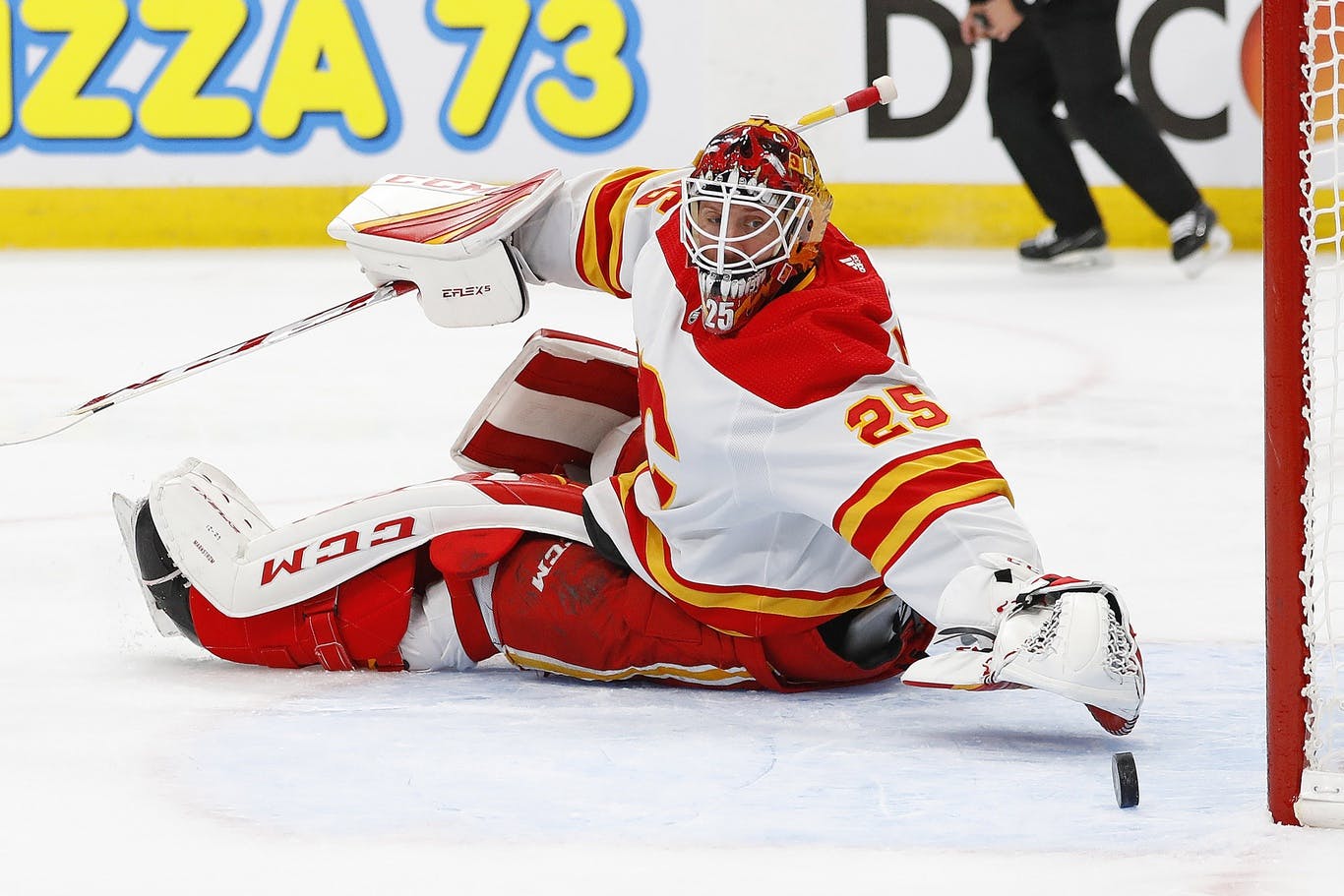 Jacob Markstrom of the Calgary Flames during a break in play
