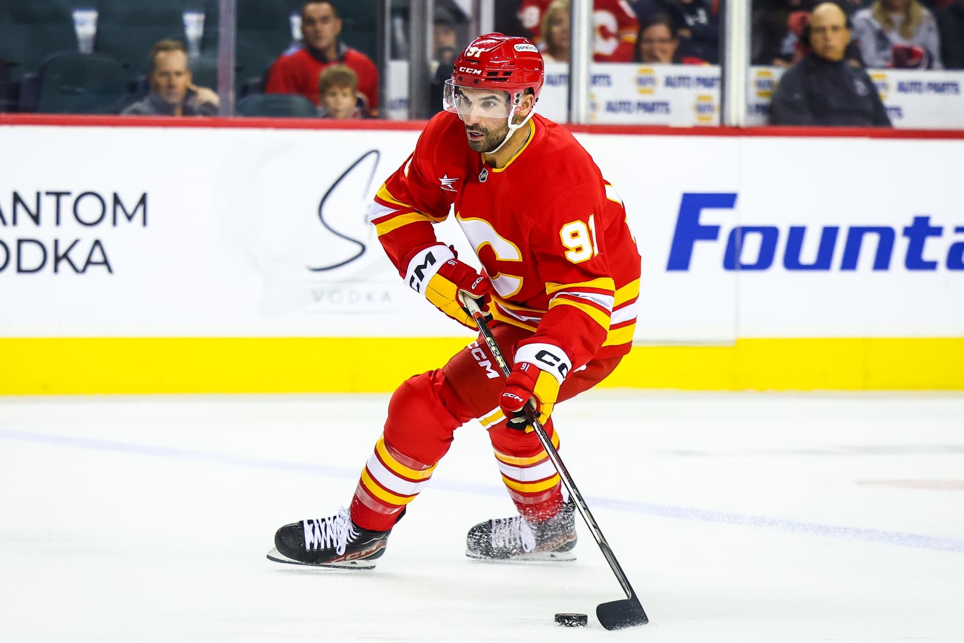 Calgary Flames center Nazem Kadri (91) controls the puck against the Chicago Blackhawks during the second period at Scotiabank Saddledome