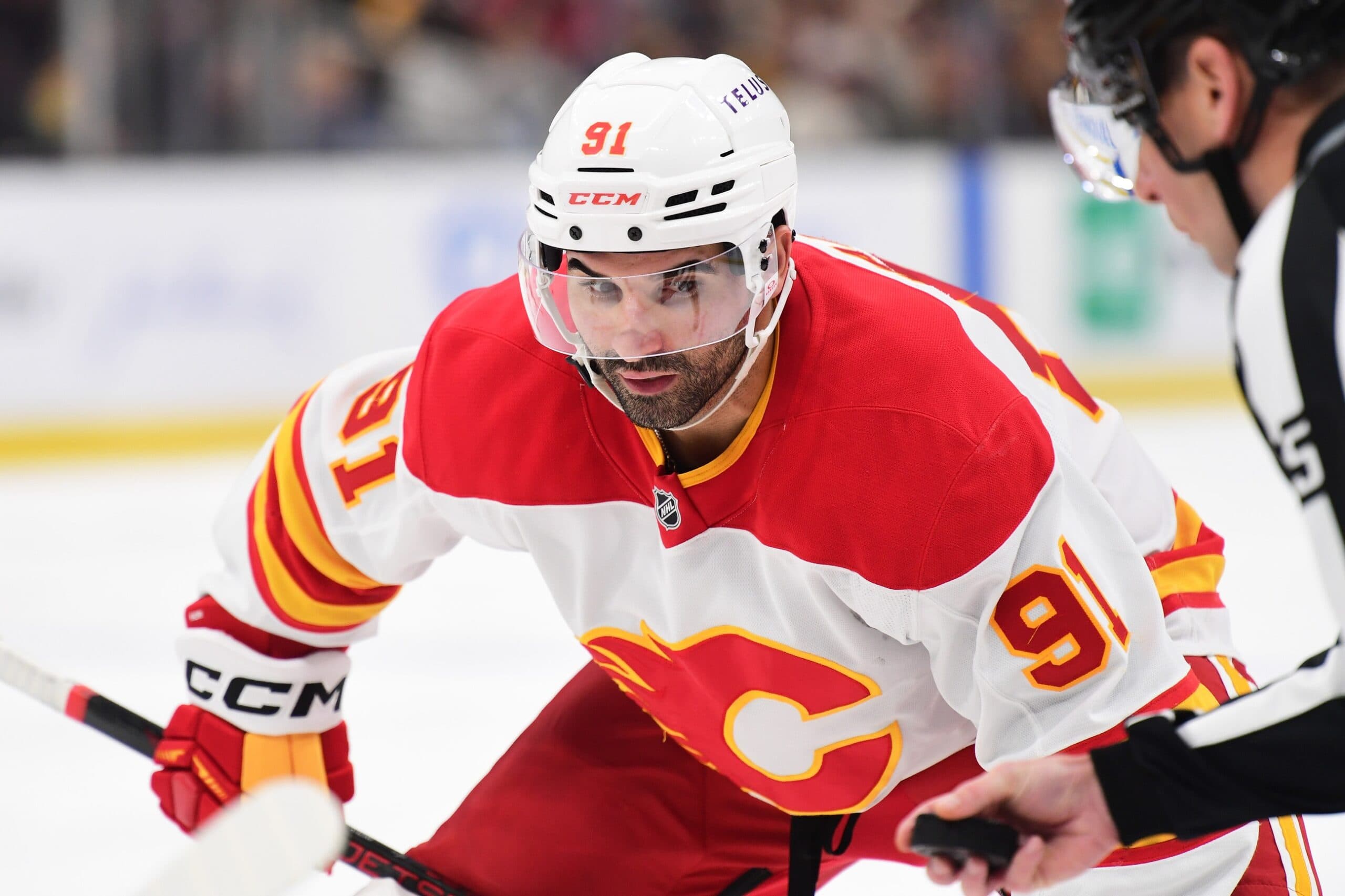 Calgary Flames center Nazem Kadri (91) prior to a face-off during the second period against the Boston Bruins at TD Garden