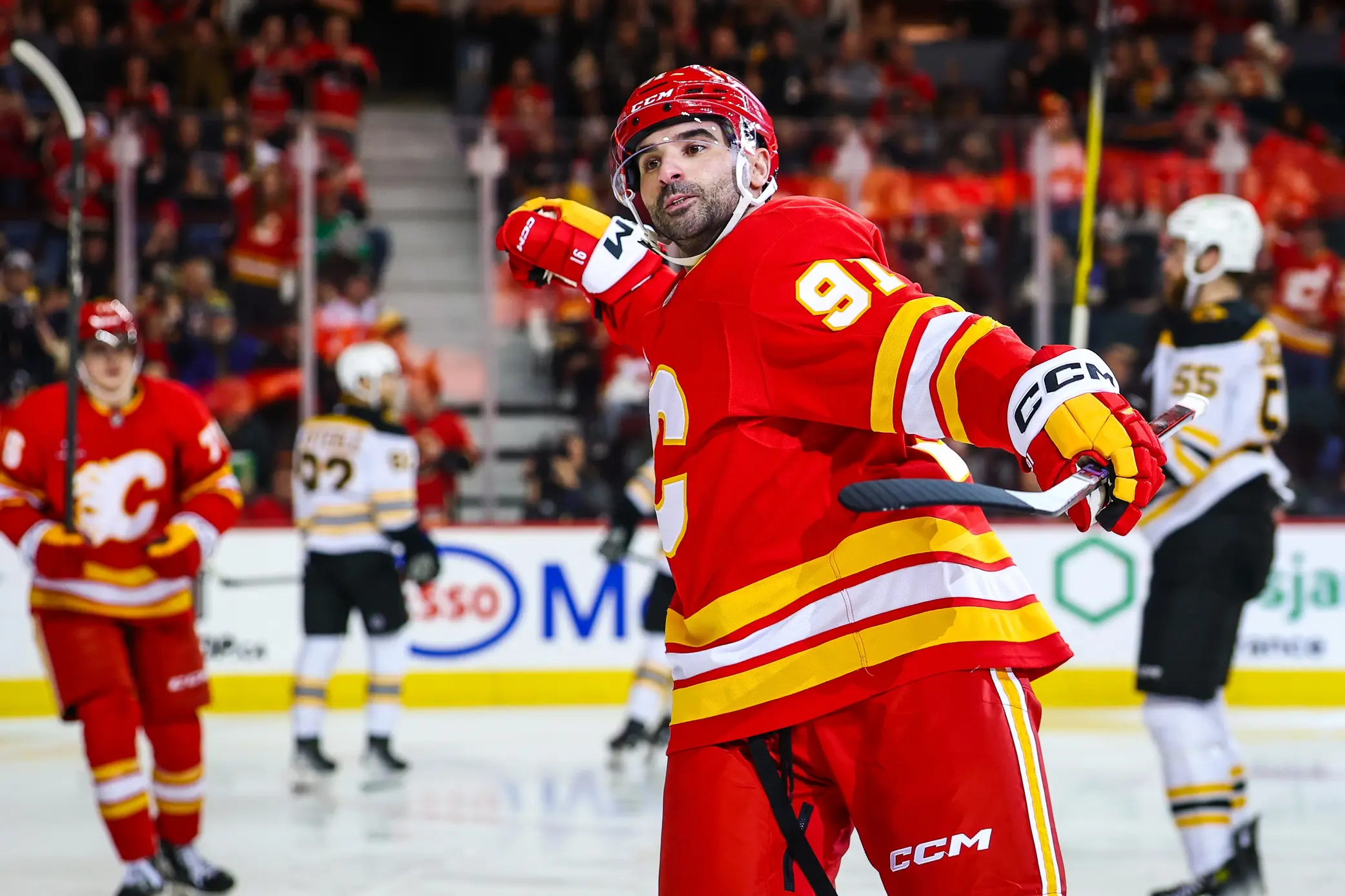 Calgary Flames center Nazem Kadri (91) celebrates his goal against the Boston Bruins during the second period at Scotiabank Saddledome.