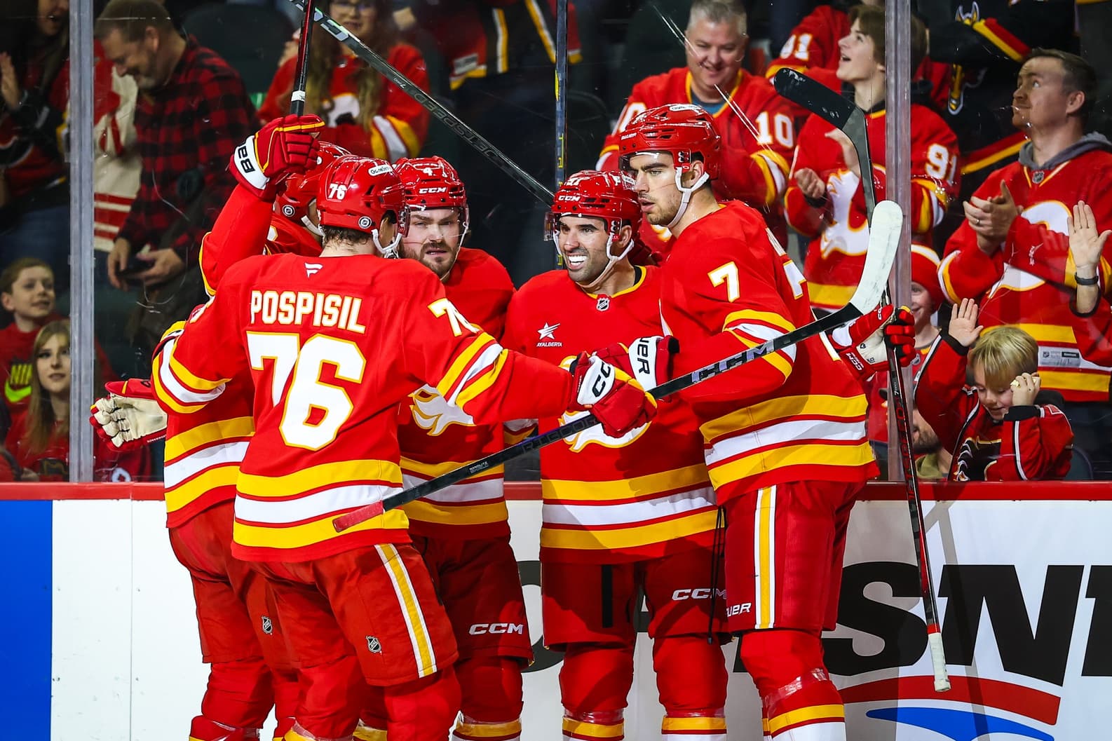 Calgary Flames center Nazem Kadri (91) celebrates his goal with teammates against the Chicago Blackhawks during the first period at Scotiabank Saddledome