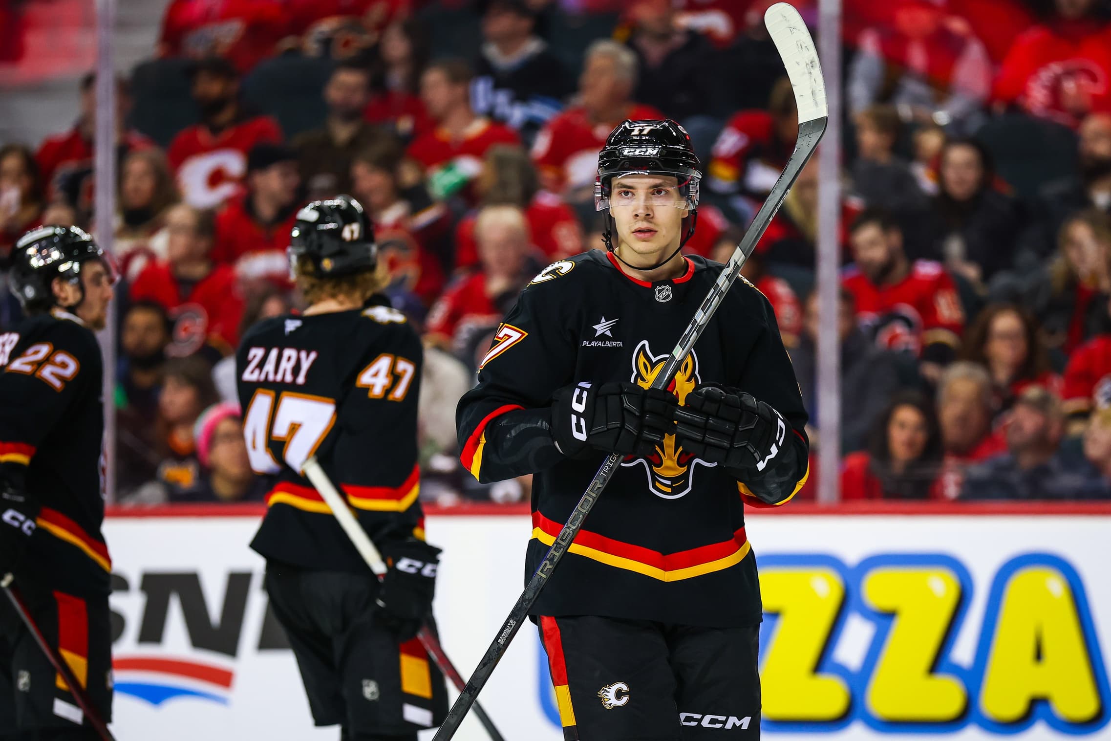 Calgary Flames center Yegor Sharangovich (17) against the Utah Hockey Club during the third period at Scotiabank Saddledome