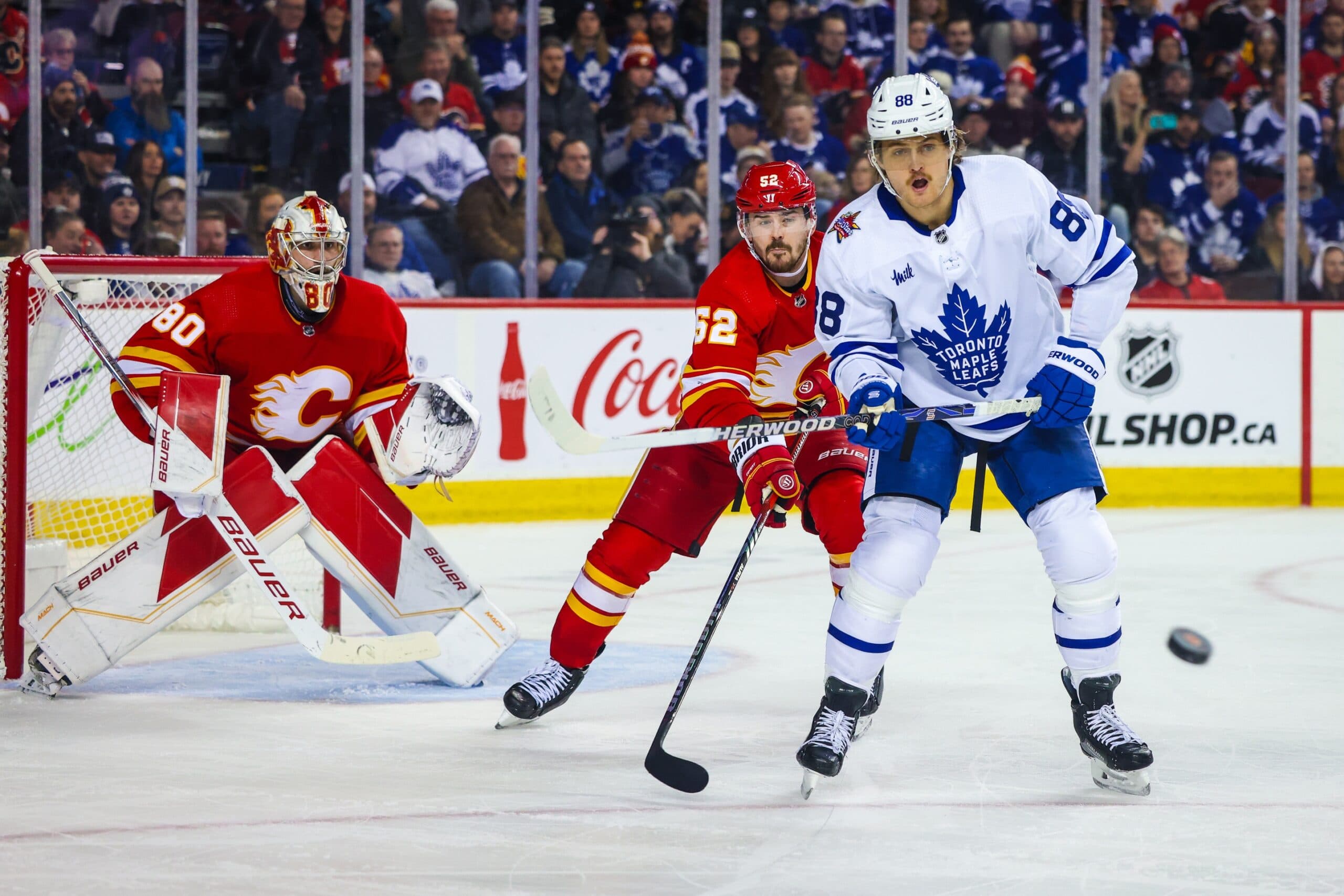 Toronto Maple Leafs right wing William Nylander (88) screens in front of Calgary Flames goaltender Dan Vladar (80) during the third period at Scotiabank Saddledome