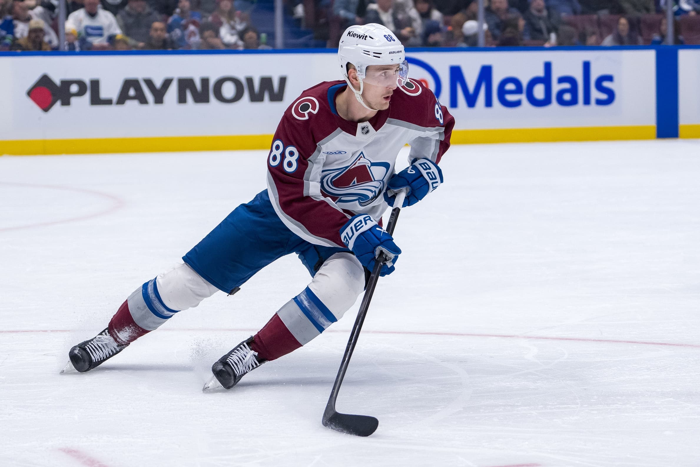 Colorado Avalanche forward Martin Necas (88) handles the puck against the Colorado Avalanche in the second period at Rogers Arena.