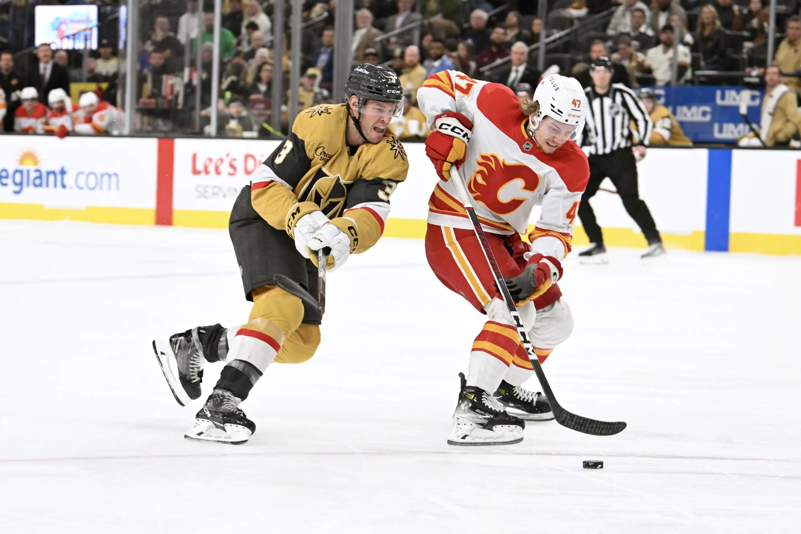 Vegas Golden Knights defenseman Brayden McNabb (3) chases after Calgary Flames center Connor Zary (47) in the third period of their game at T-Mobile Arena.